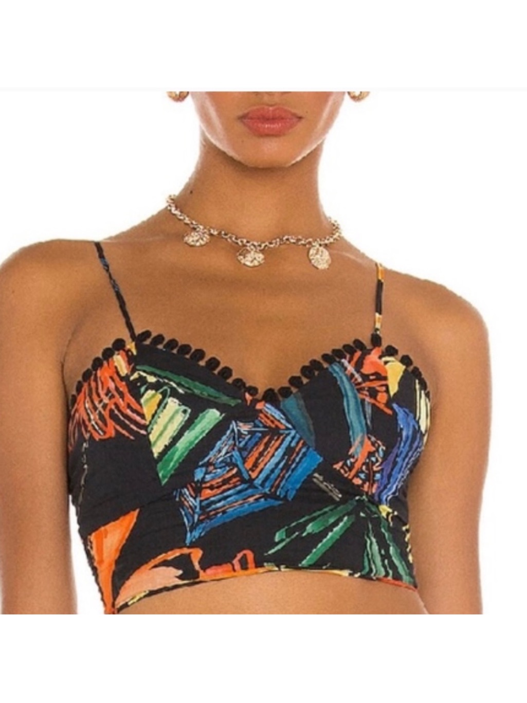 New! Charo Ruiz Hilma Crop Top Black Tropical Floral Smock Stretch Large Nwt
